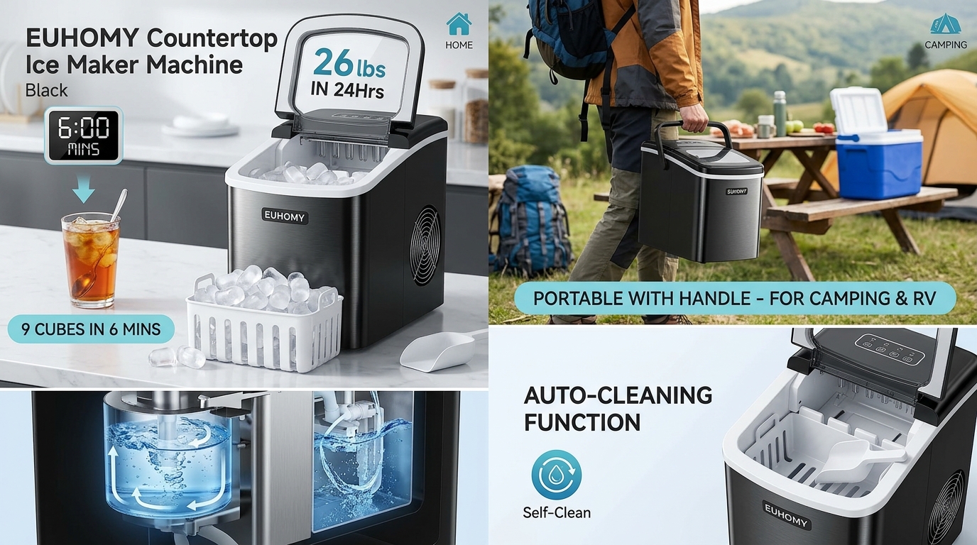 EUHOMY Countertop Ice Maker Machine Review: Fast, Portable Ice for Home and On-the-Go